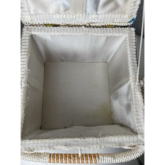 Vintage 70s Sewing Basket Retro Square Woven Blue Green Floral Psychedelic Japan - Picture 10 of 11